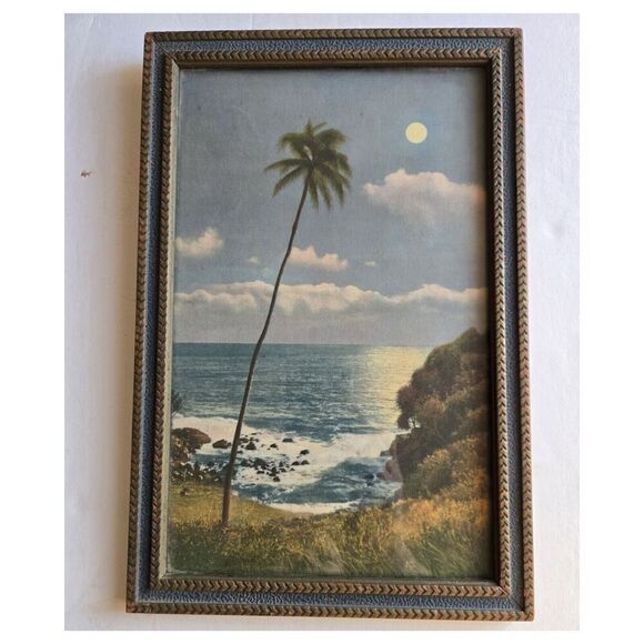 Antique 1930's Framed Full Moon Hawaiian Beach Landscape Painting Print - Picture 1 of 4